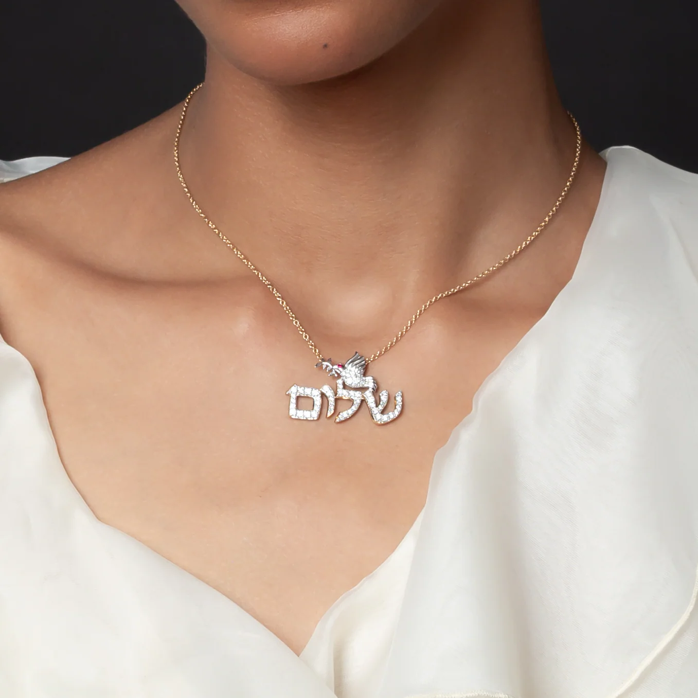 14K Two Tone 1.02 TCW Lab Grown Diamond Shalom Peace Necklace - Image 3