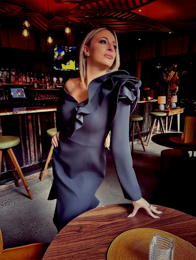 Asymmetric Crepe Dress with Floral Detail - Image 4