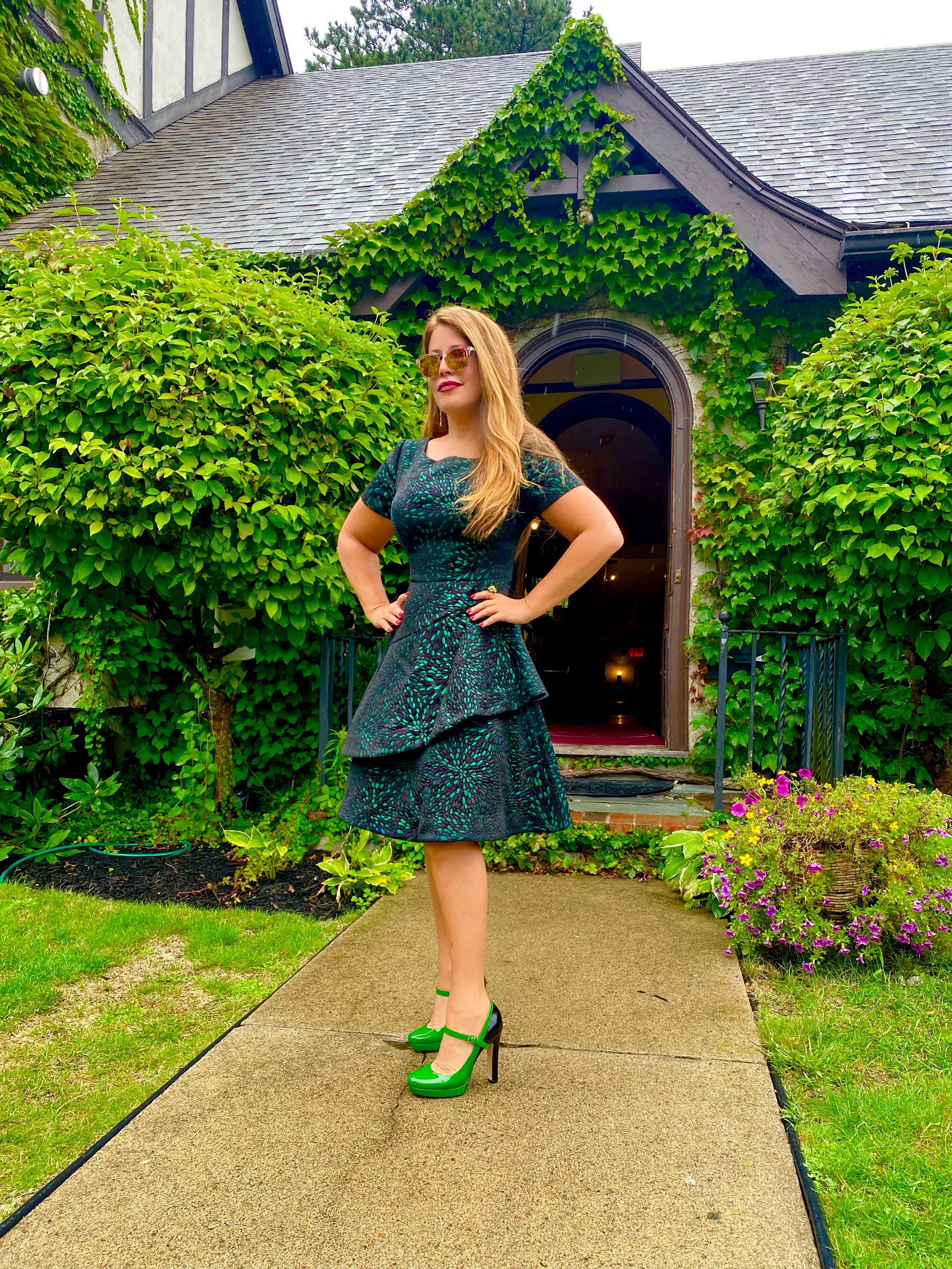 Asymmetric Tiered Jacquard Dress in Green - Image 3