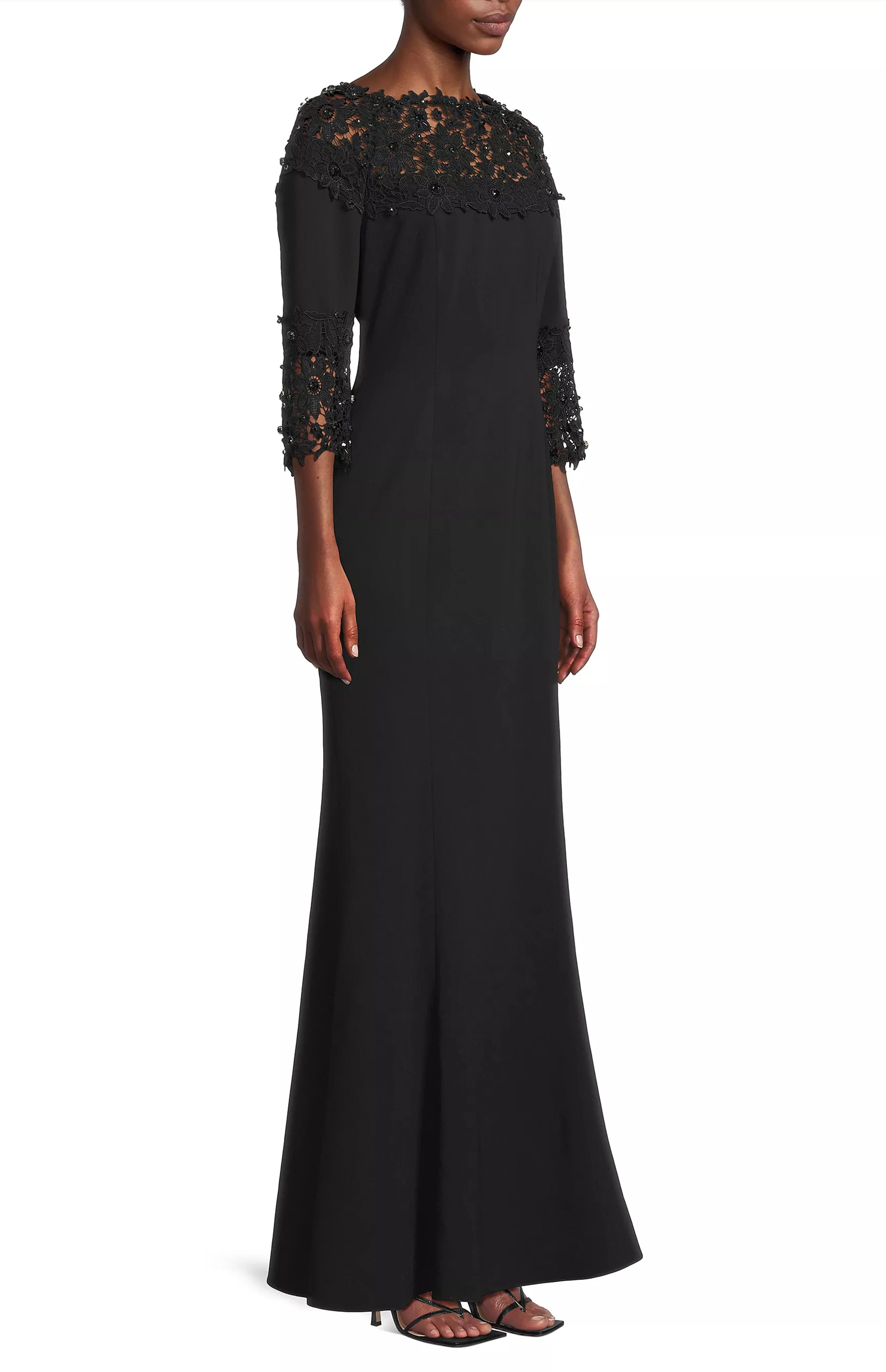 Beaded Lace Yoke Gown in Black - Image 3