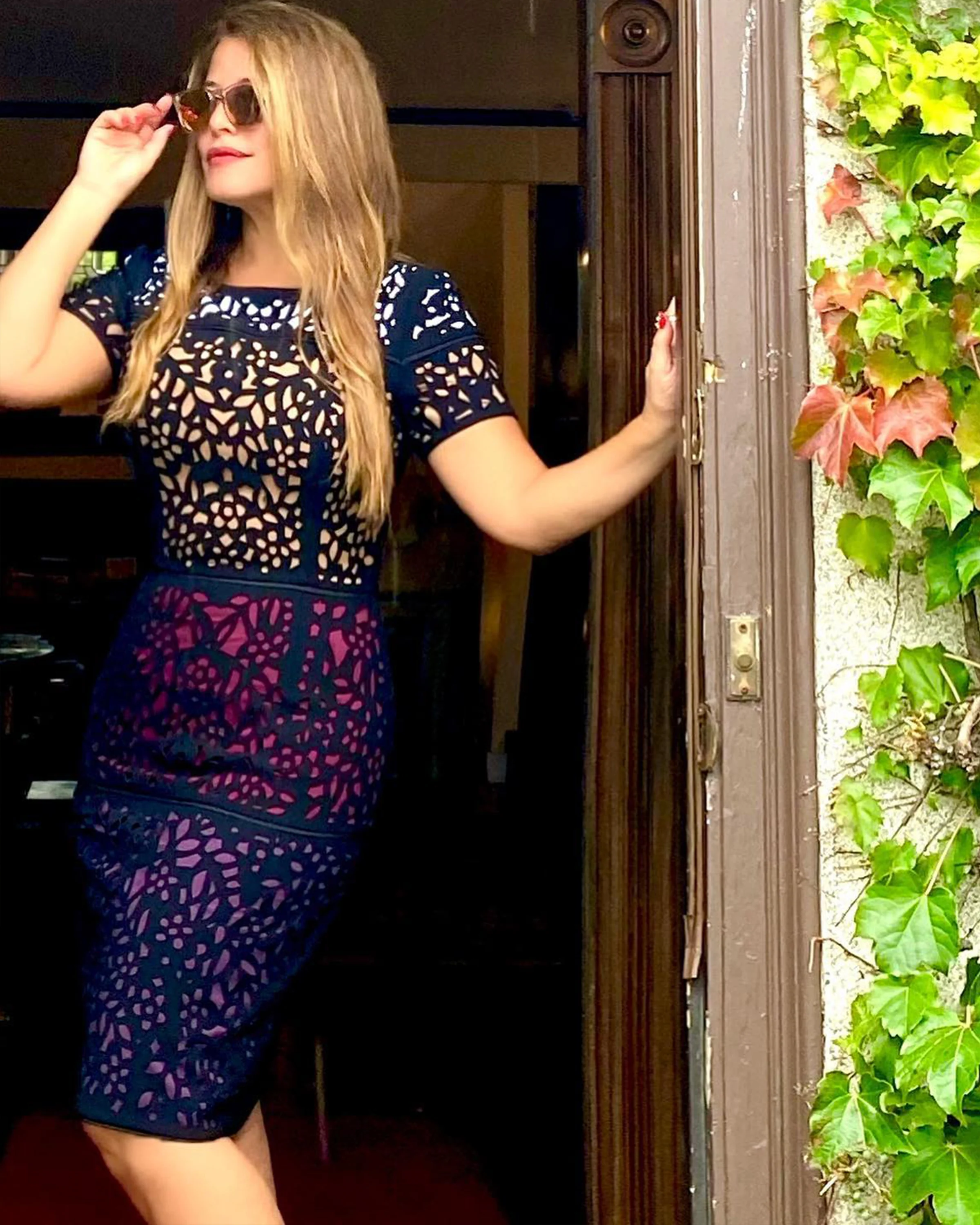 Colorblock Laser Cut Dress Dress in Berry - Image 4