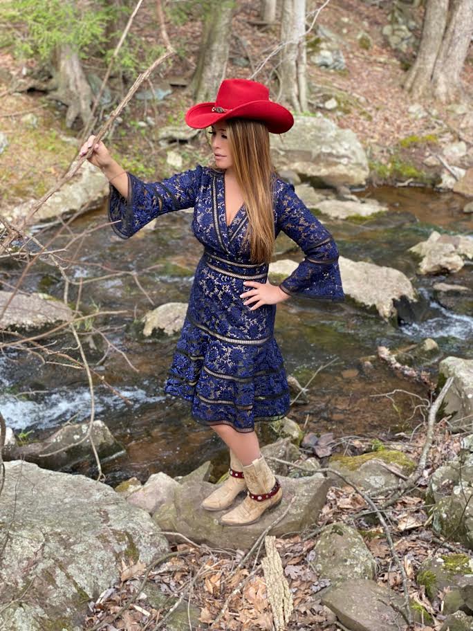 Bell-Sleeve Surplice Lace Dress in Blue - Image 3