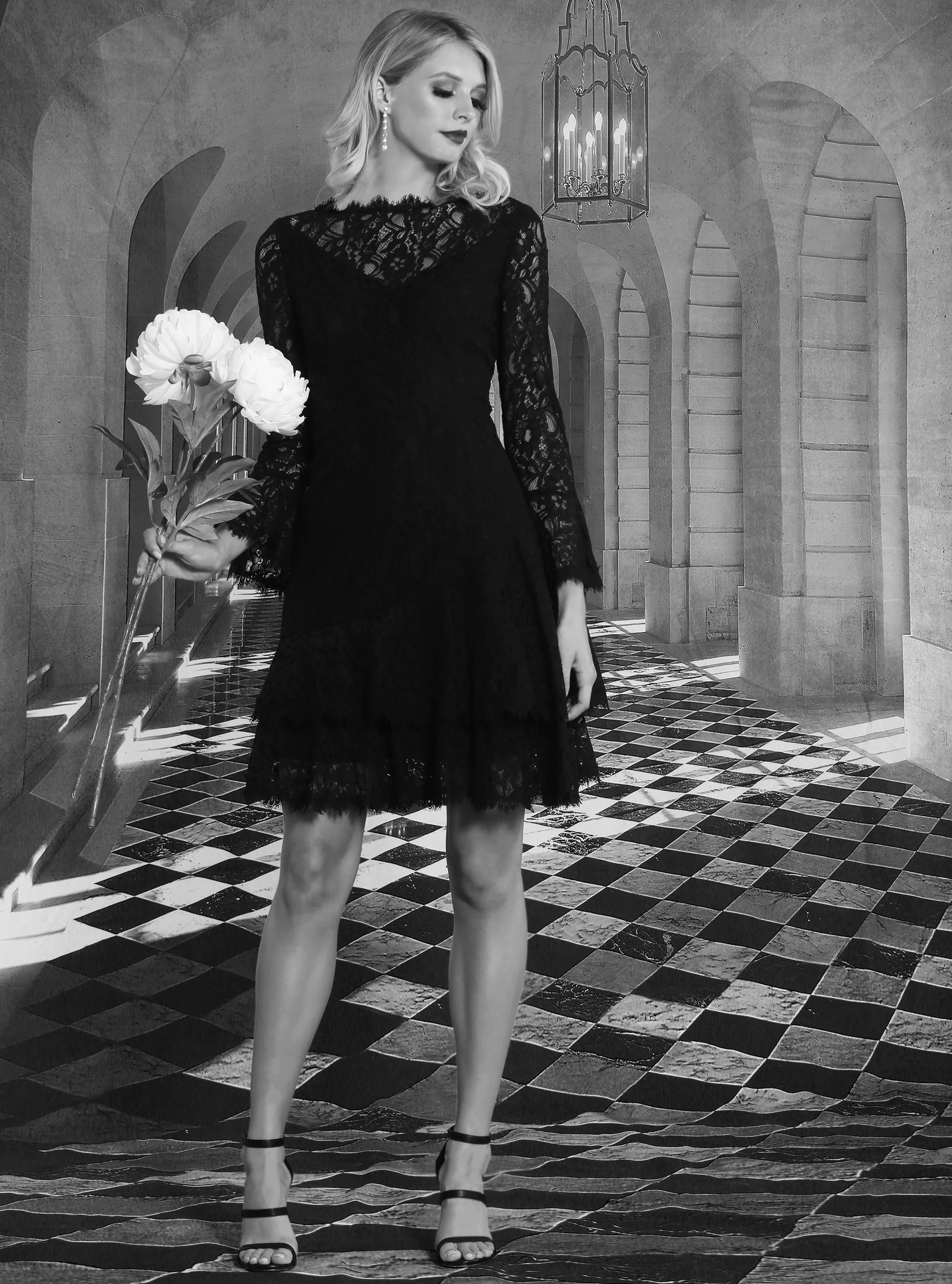 Long-Sleeve Double Ruffle Lace Dress in Black - Image 3