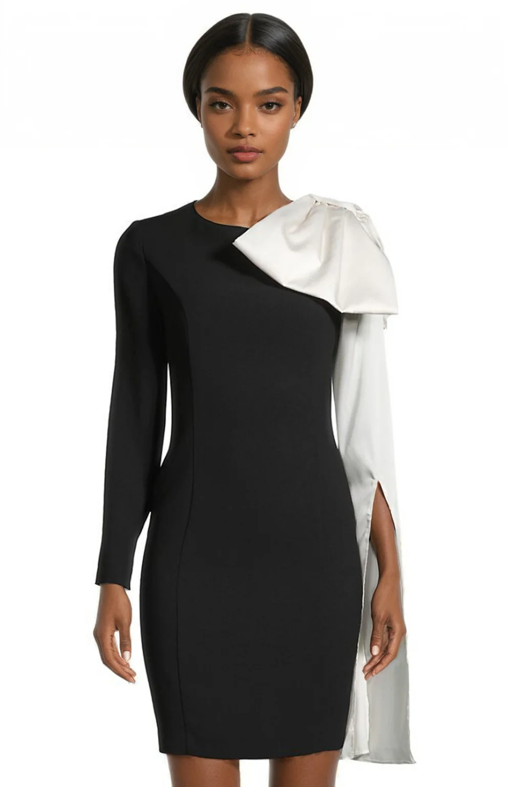 Dramatic Satin Bow Sleeve Crepe Dress