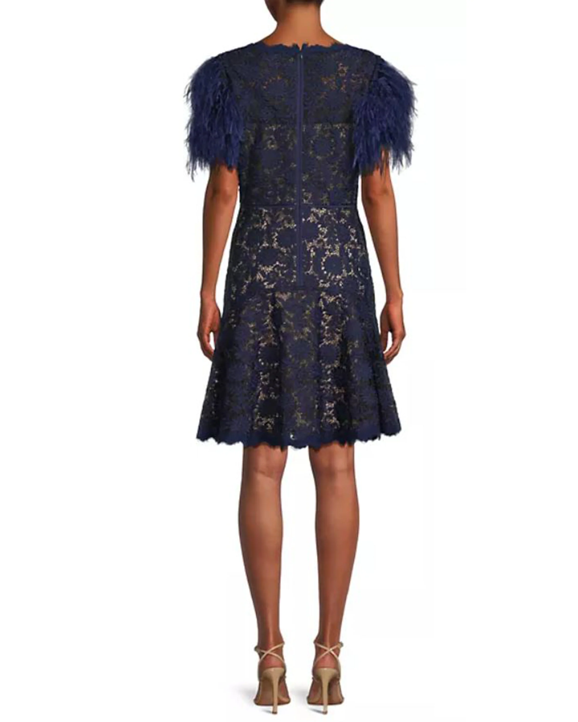 Fit & Flare Lace Dress with Feather Sleeves in Navy - Image 2