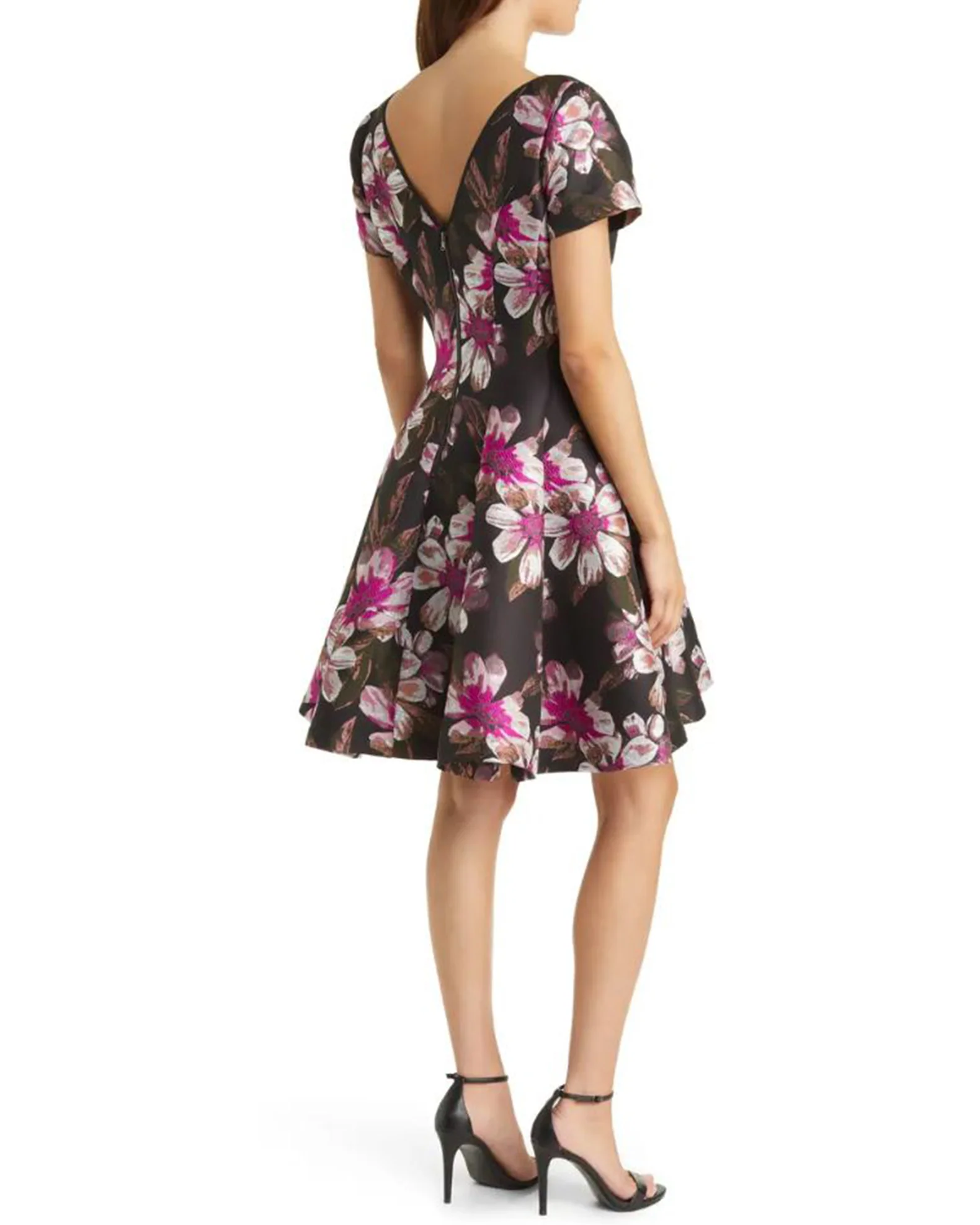 V-Neck Floral Jacquard Fit & Flare Dress - Image 2