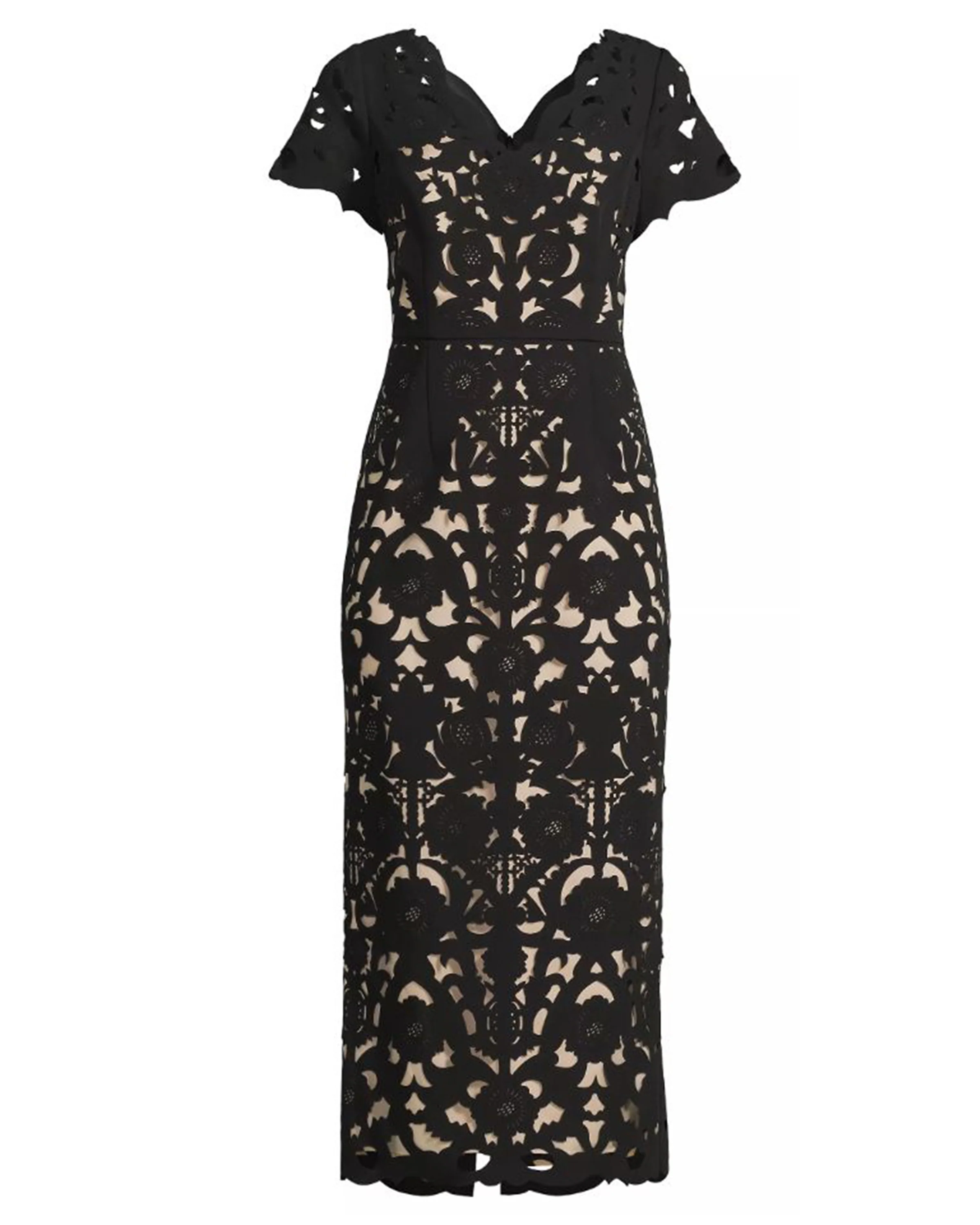 Floral Crepe Laser-Cut Midi Dress in Black - Image 3