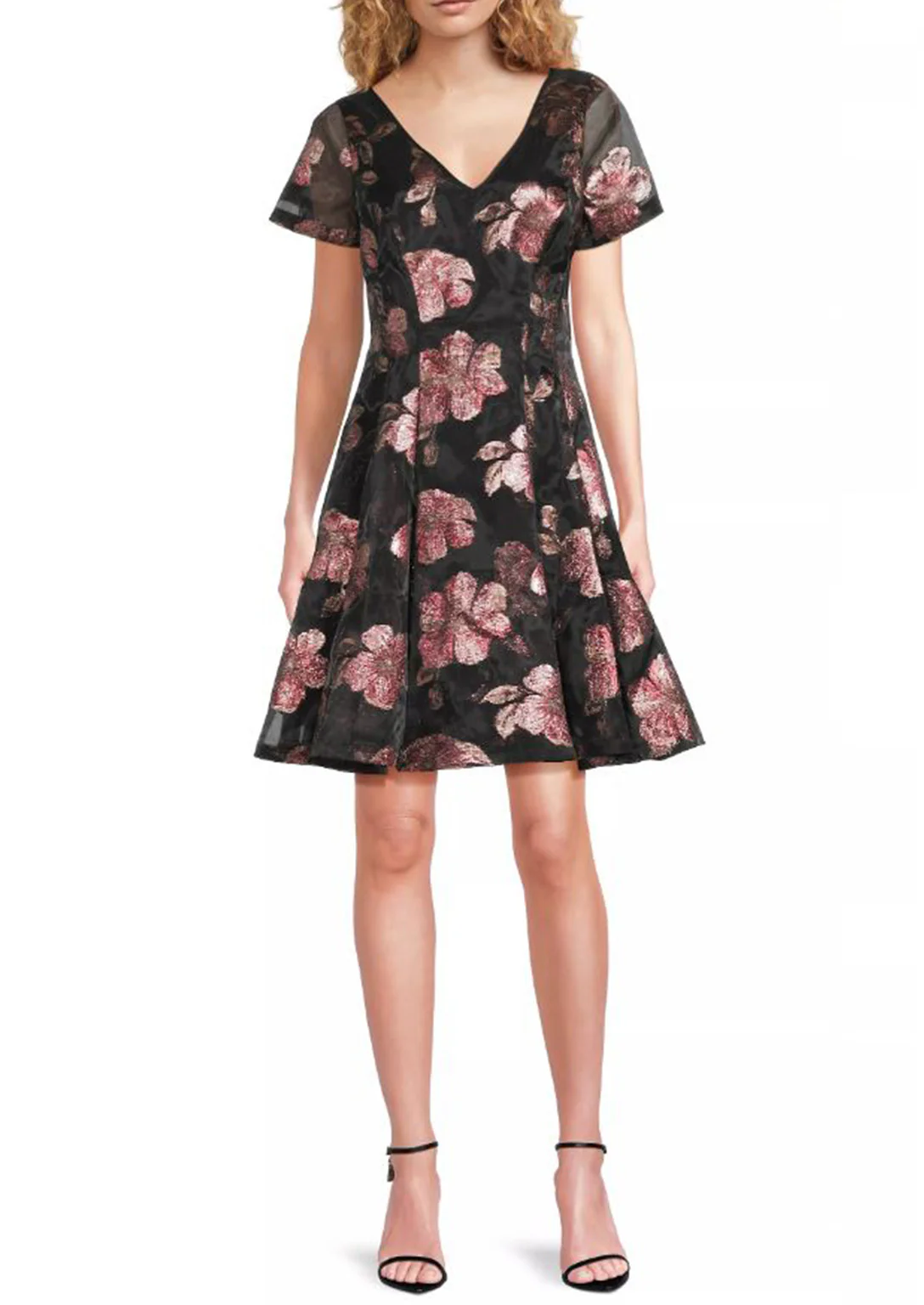Floral Jacquard Organza Fit & Flare Dress in Pink