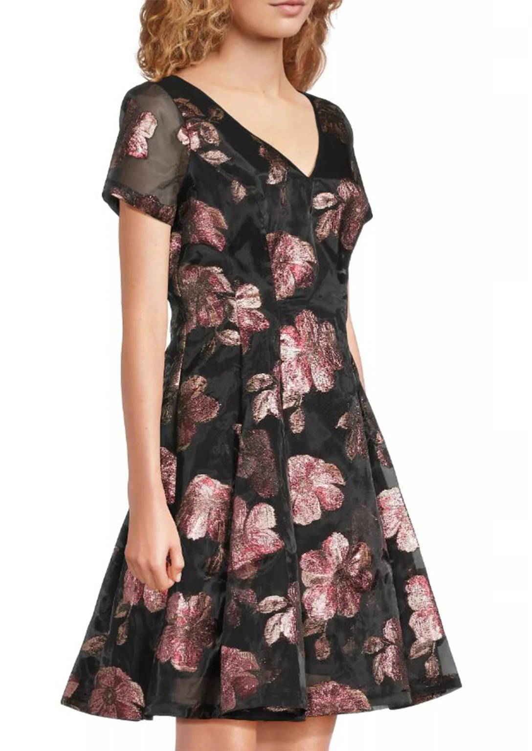Floral Jacquard Organza Fit & Flare Dress in Pink - Image 3