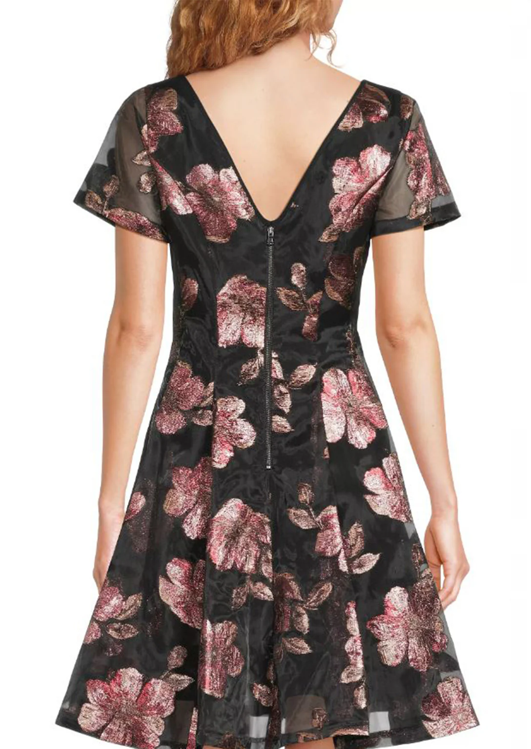 Floral Jacquard Organza Fit & Flare Dress in Pink - Image 4