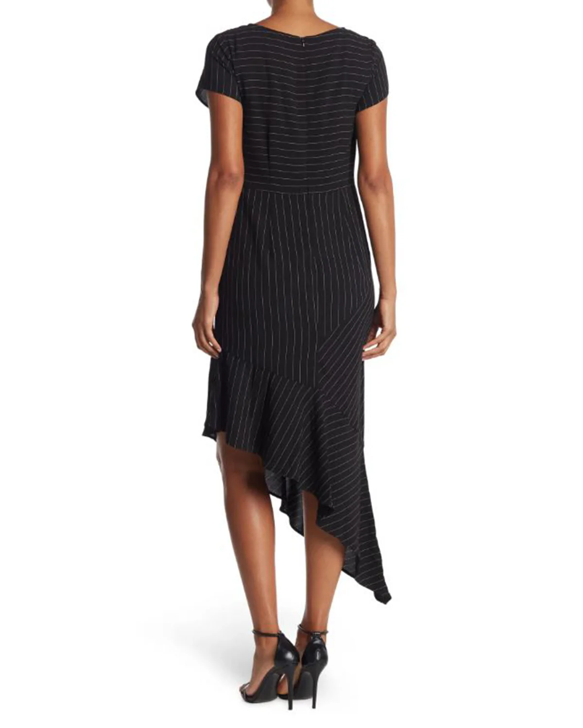 FOCUS by Shani — Pinstripe Asymmetrical Ruffle Hem Dress in Black - Image 2