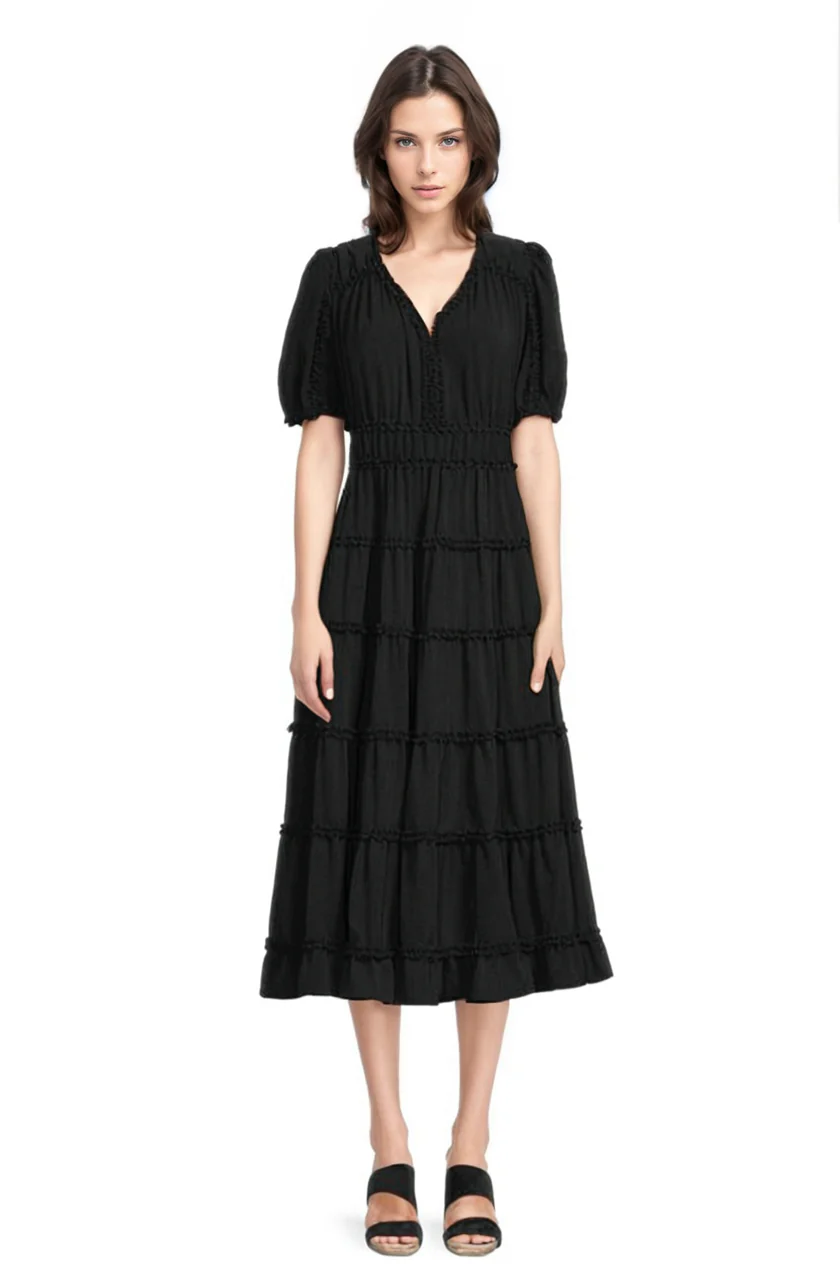 FOCUS by Shani — Tiered Ruffle Trim Midi Dress in Black