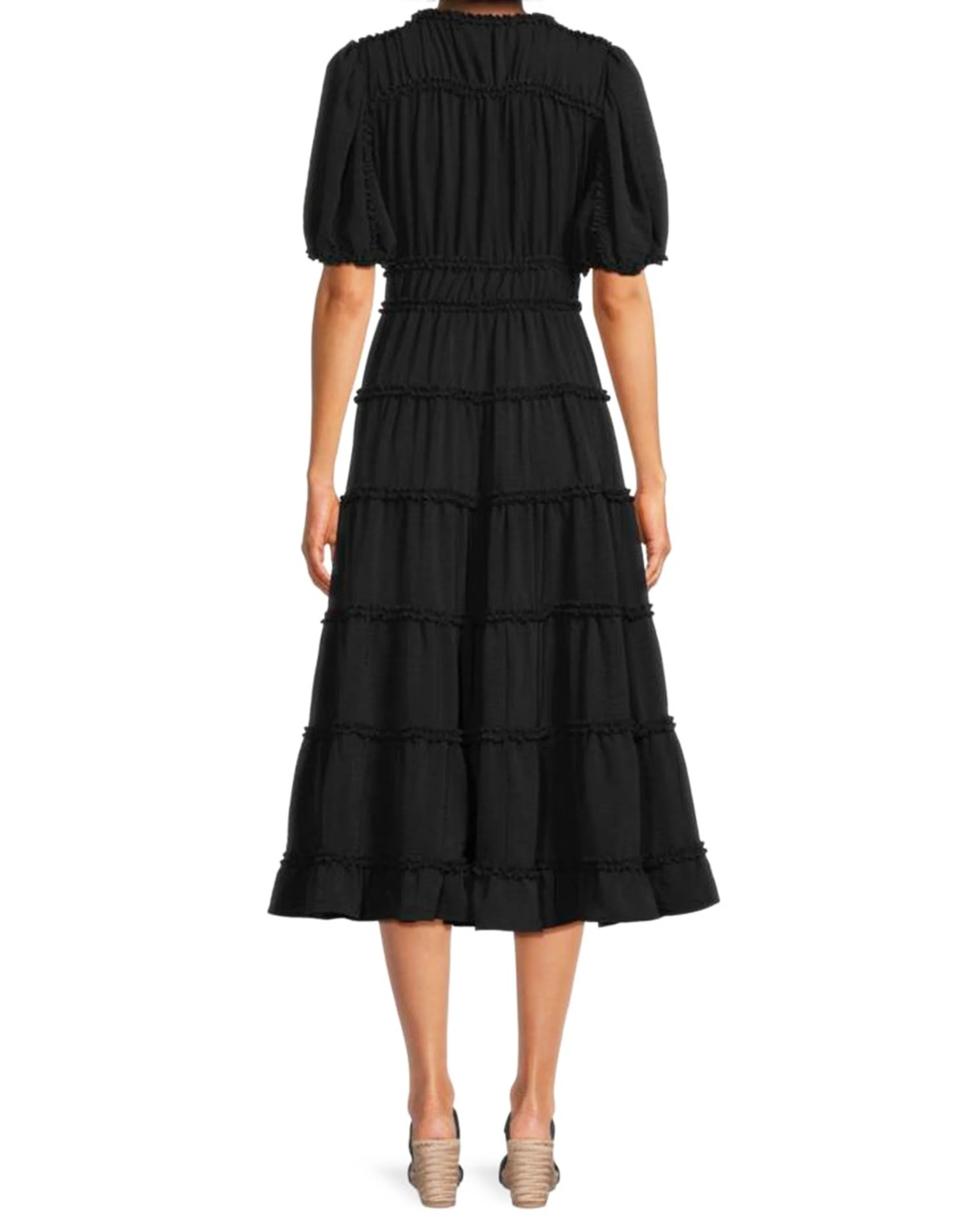 FOCUS by Shani — Tiered Ruffle Trim Midi Dress in Black - Image 2