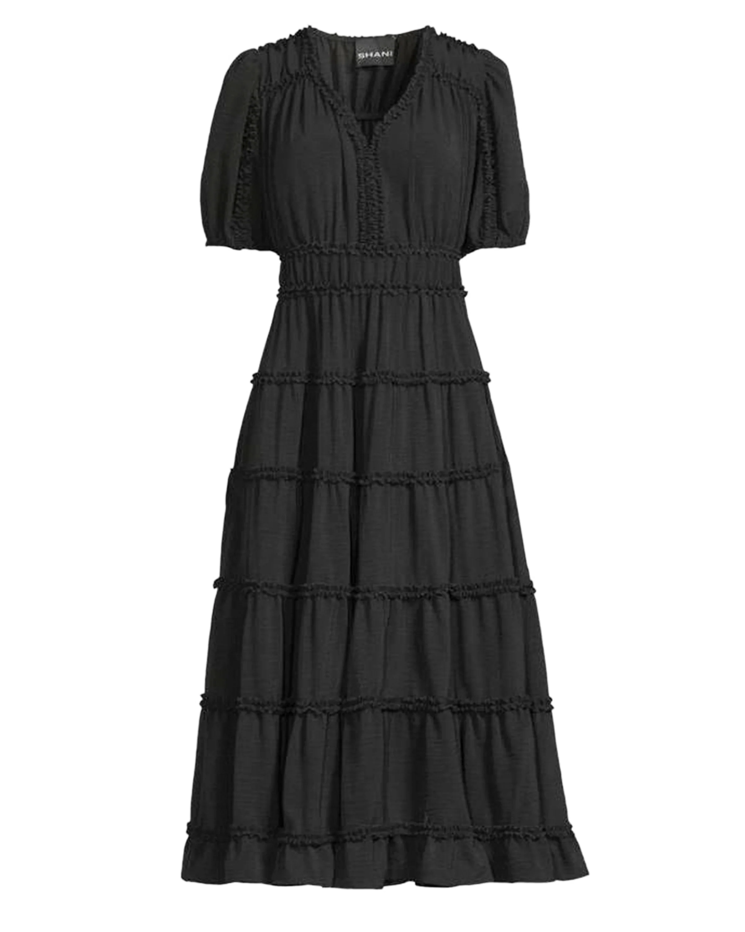 FOCUS by Shani — Tiered Ruffle Trim Midi Dress in Black - Image 3