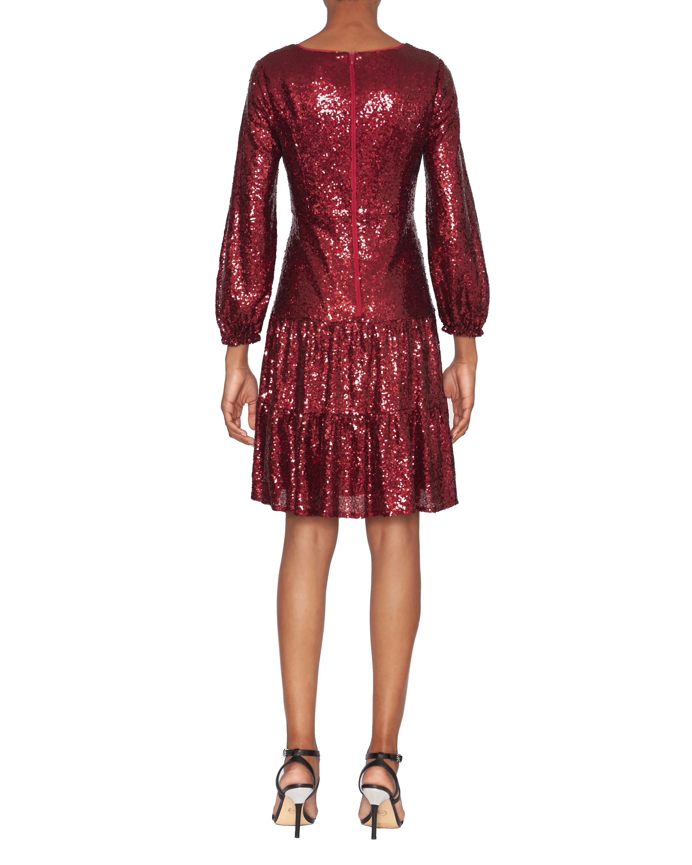 FOCUS by SHANI - V-Neck Fit and Flare Sequin Dress in Wine - Image 2