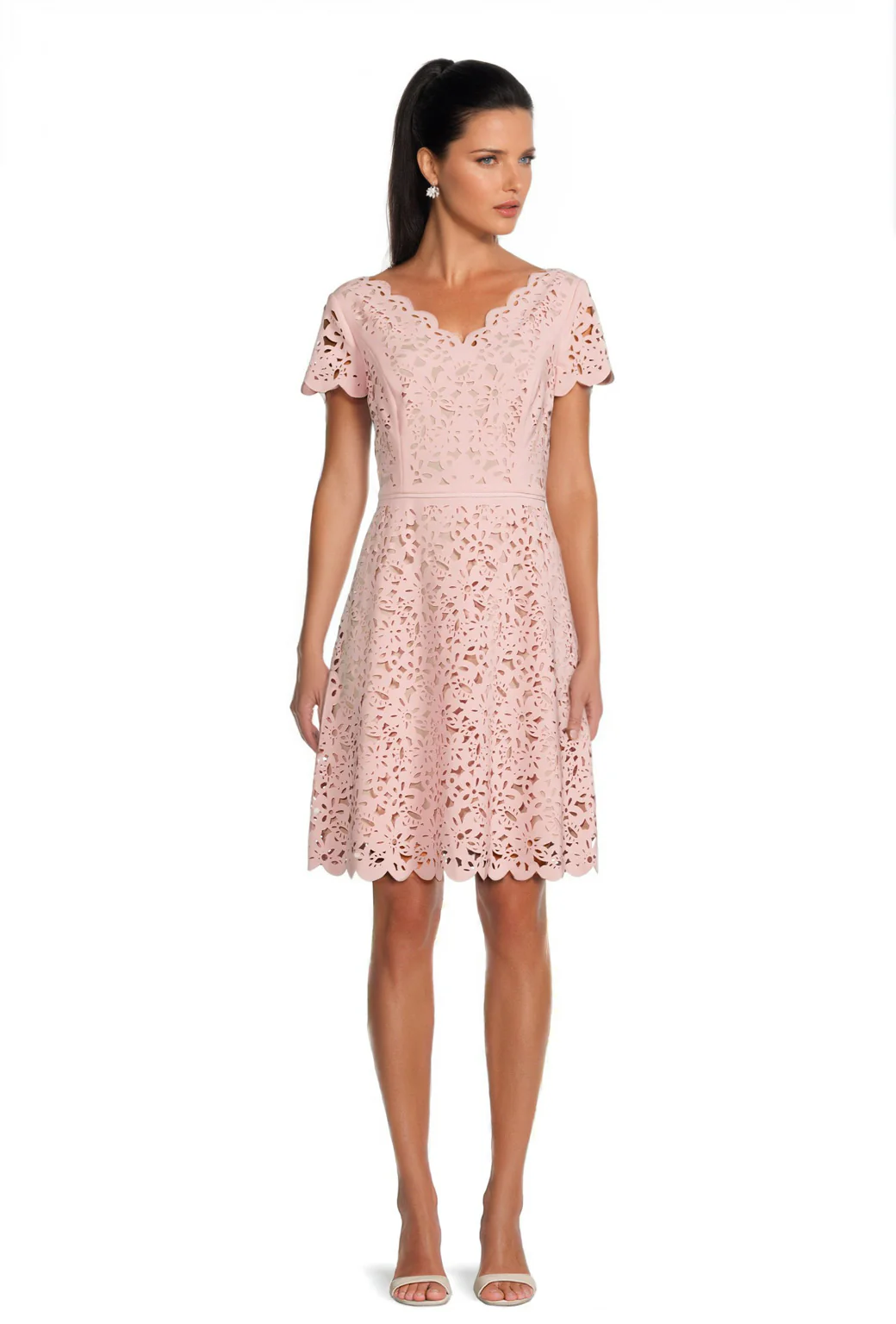 FOCUS by Shani — V-Neck Laser Cut Fit & Flare Dress in Pale Pink