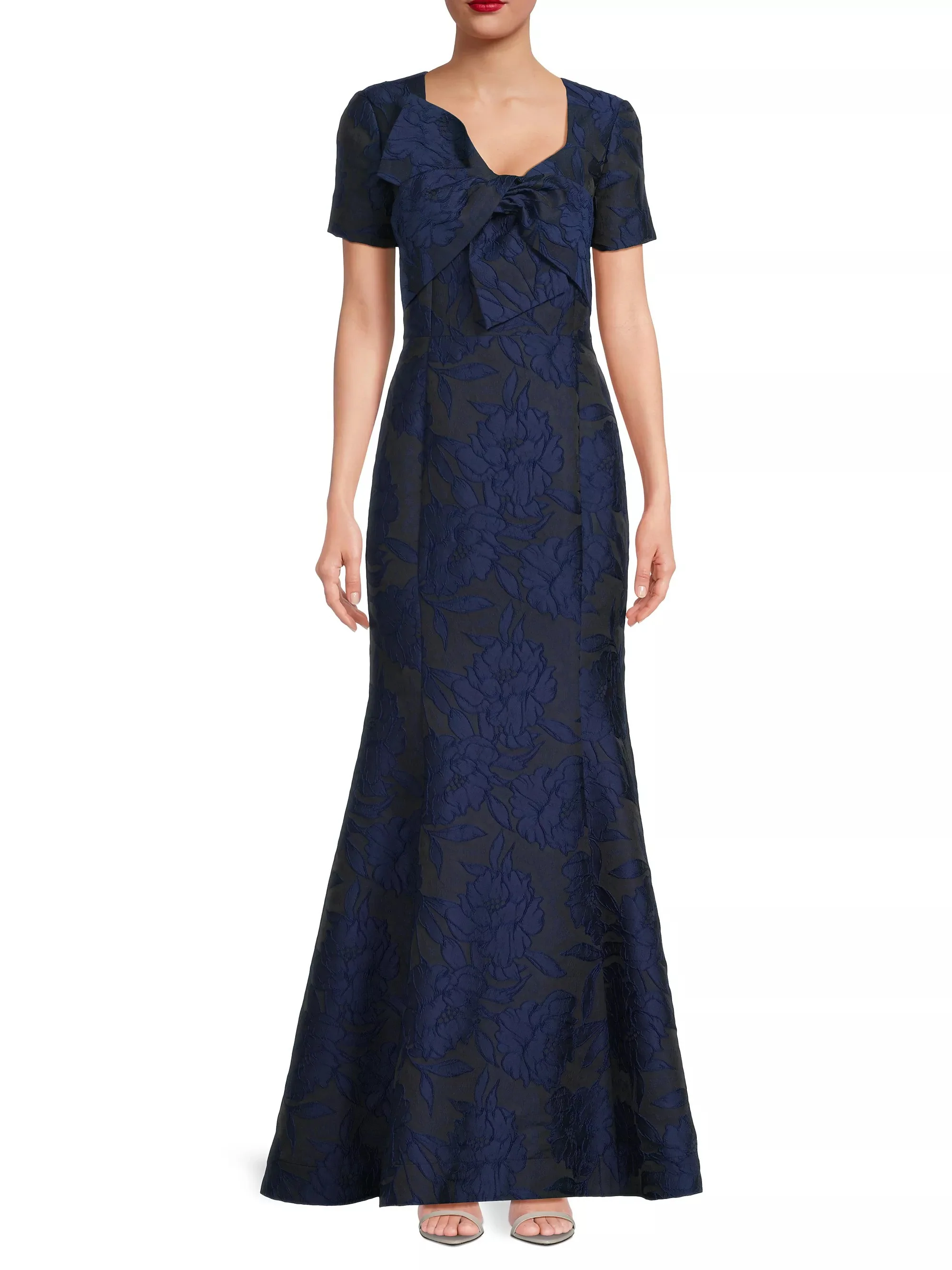 Jacquard Bow Gown in Navy Blue