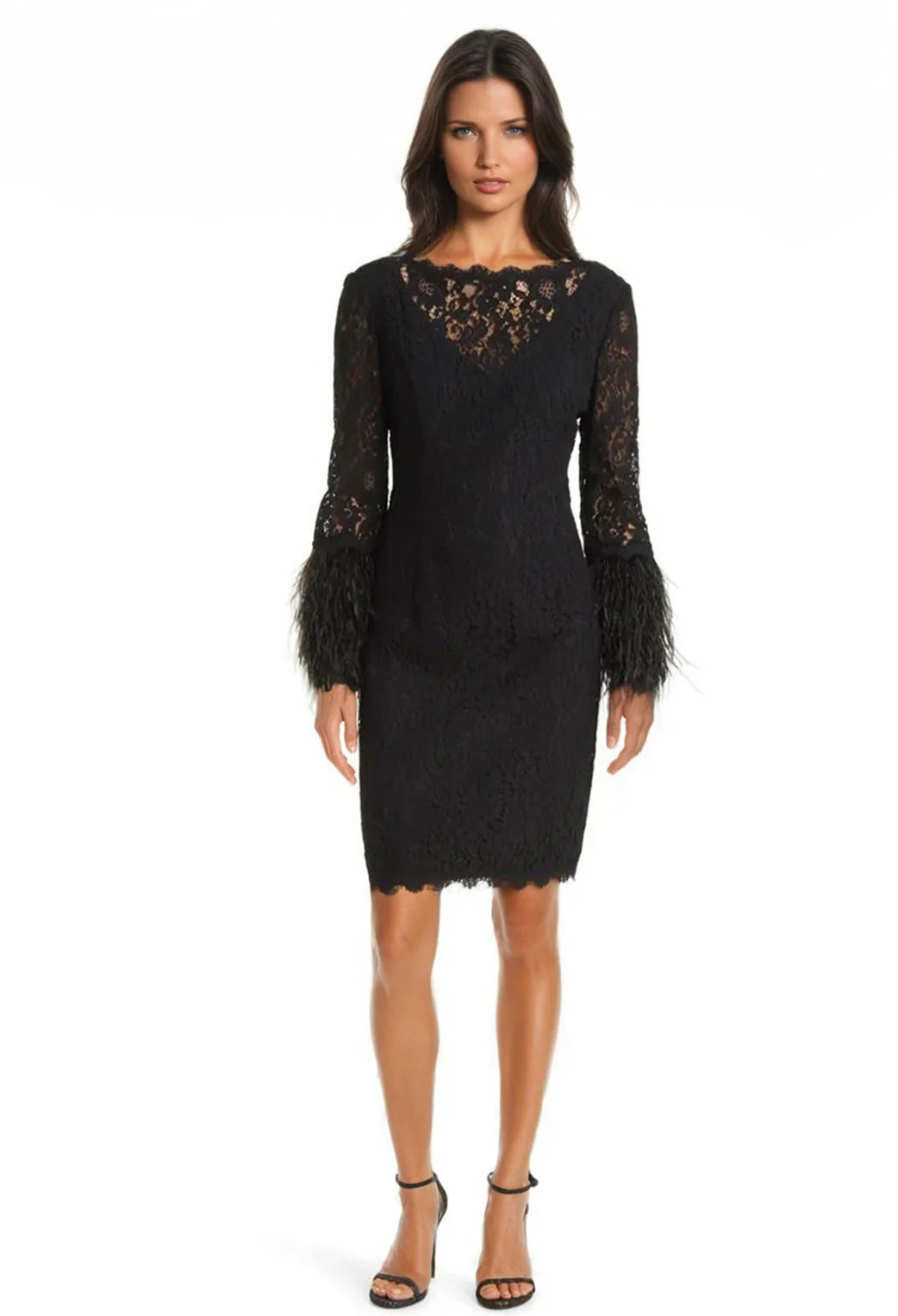 Feather-Trim Lace Sheath Dress