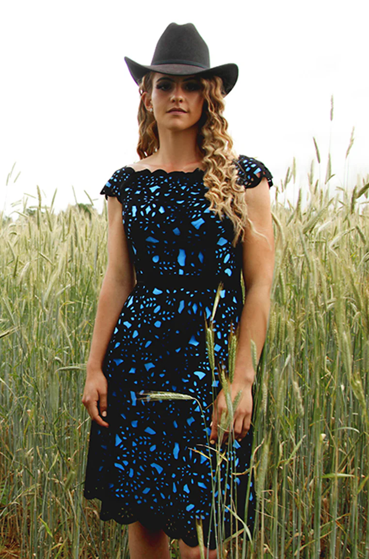 Off-the-Shoulder Laser Cut Dress in Blue - Image 3