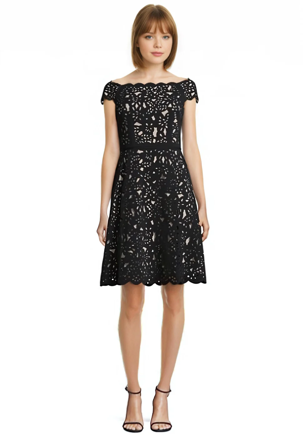 Off-the-Shoulder Laser Cut Dress in Beige