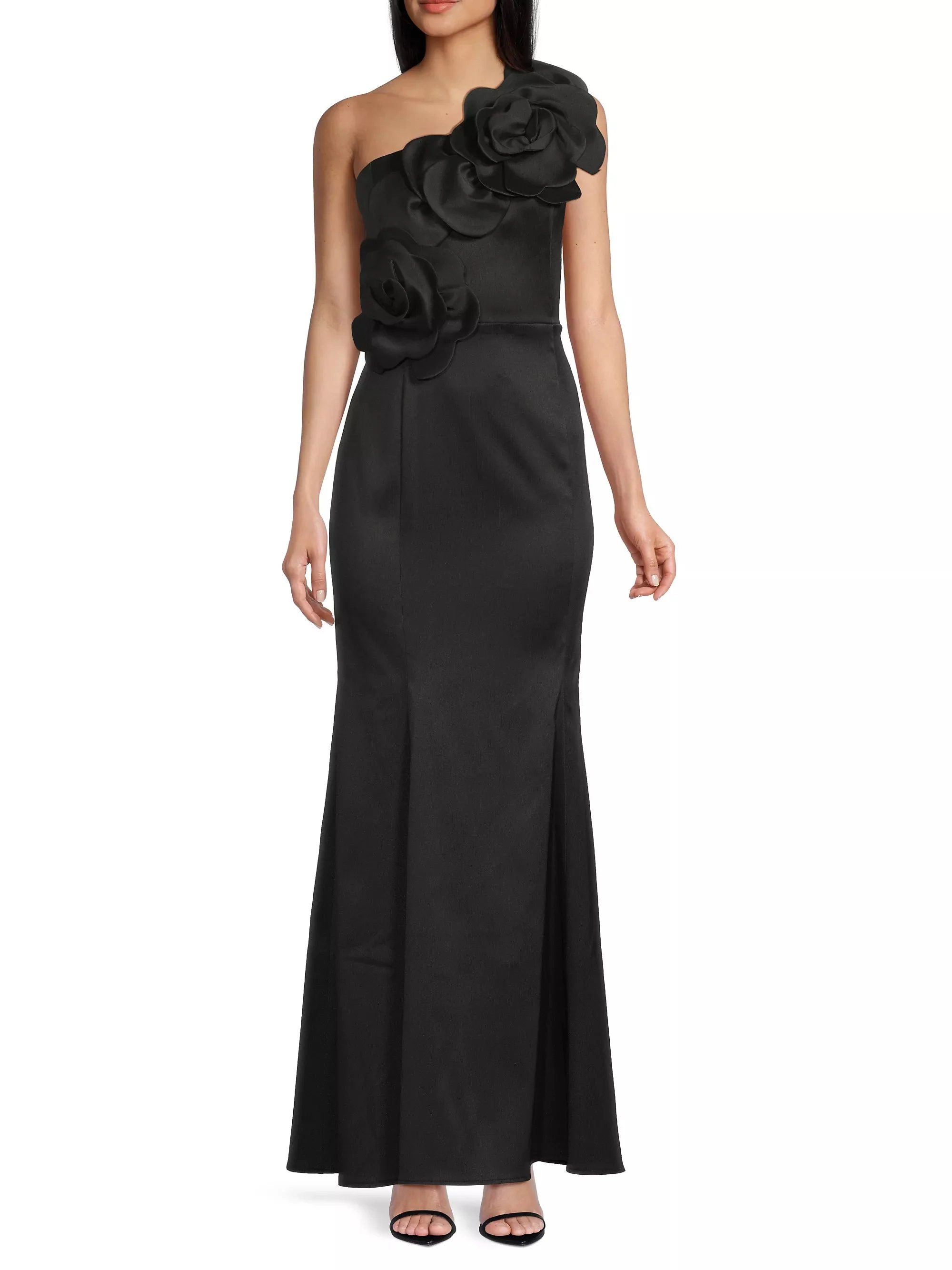 One-Shoulder Floral Appliqué Crepe Gown in Black