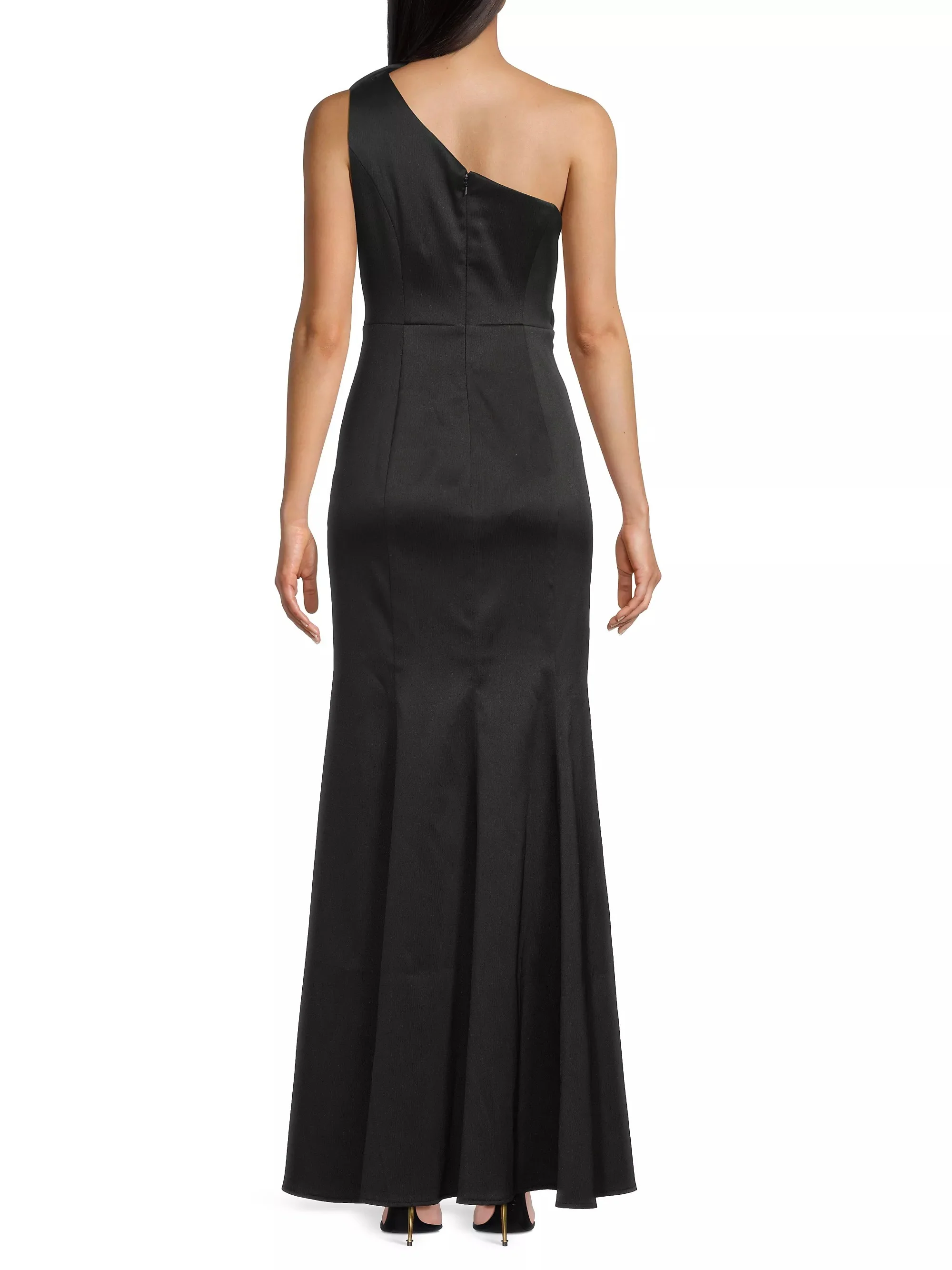 One-Shoulder Floral Appliqué Crepe Gown in Black - Image 3