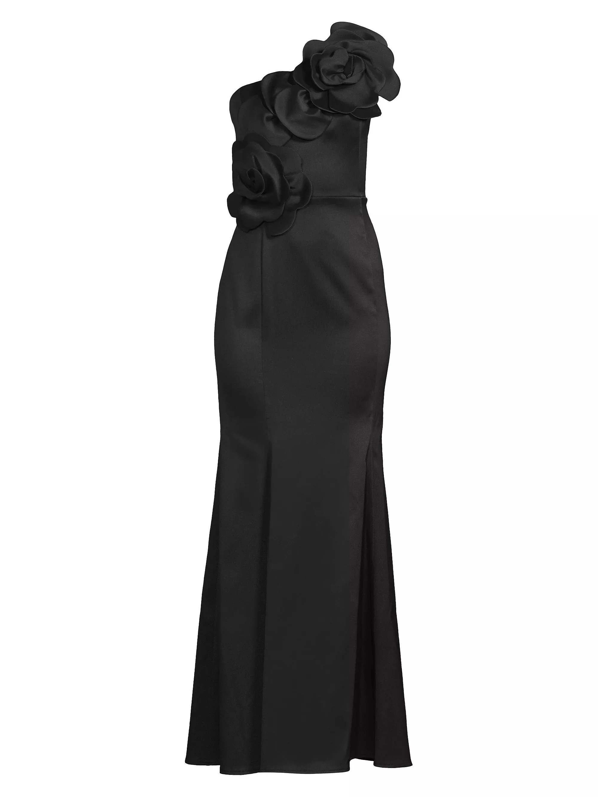 One-Shoulder Floral Appliqué Crepe Gown in Black - Image 4