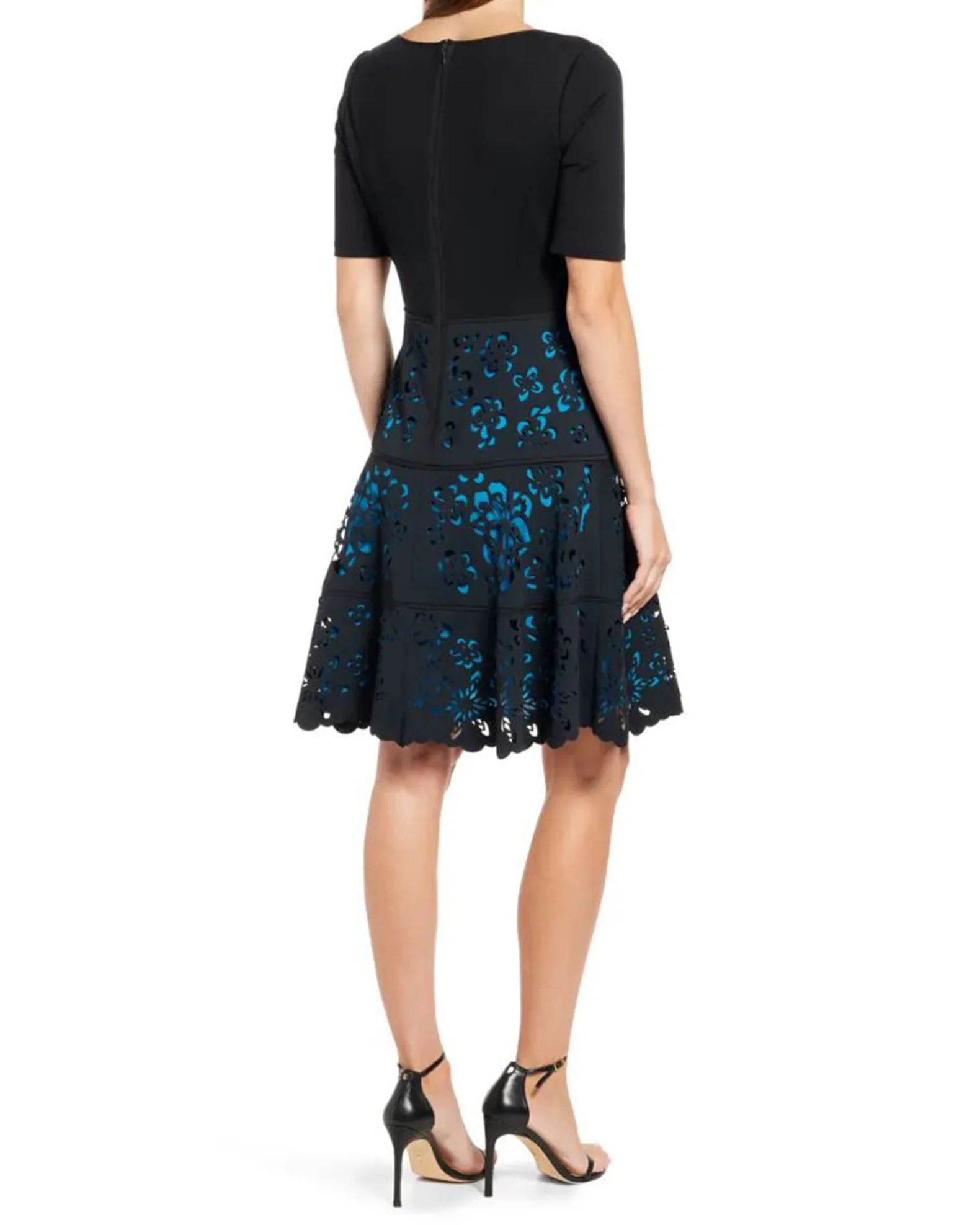 FOCUS by Shani — Laser Cut Ponte Knit Fit & Flare Dress in Blue - Image 2
