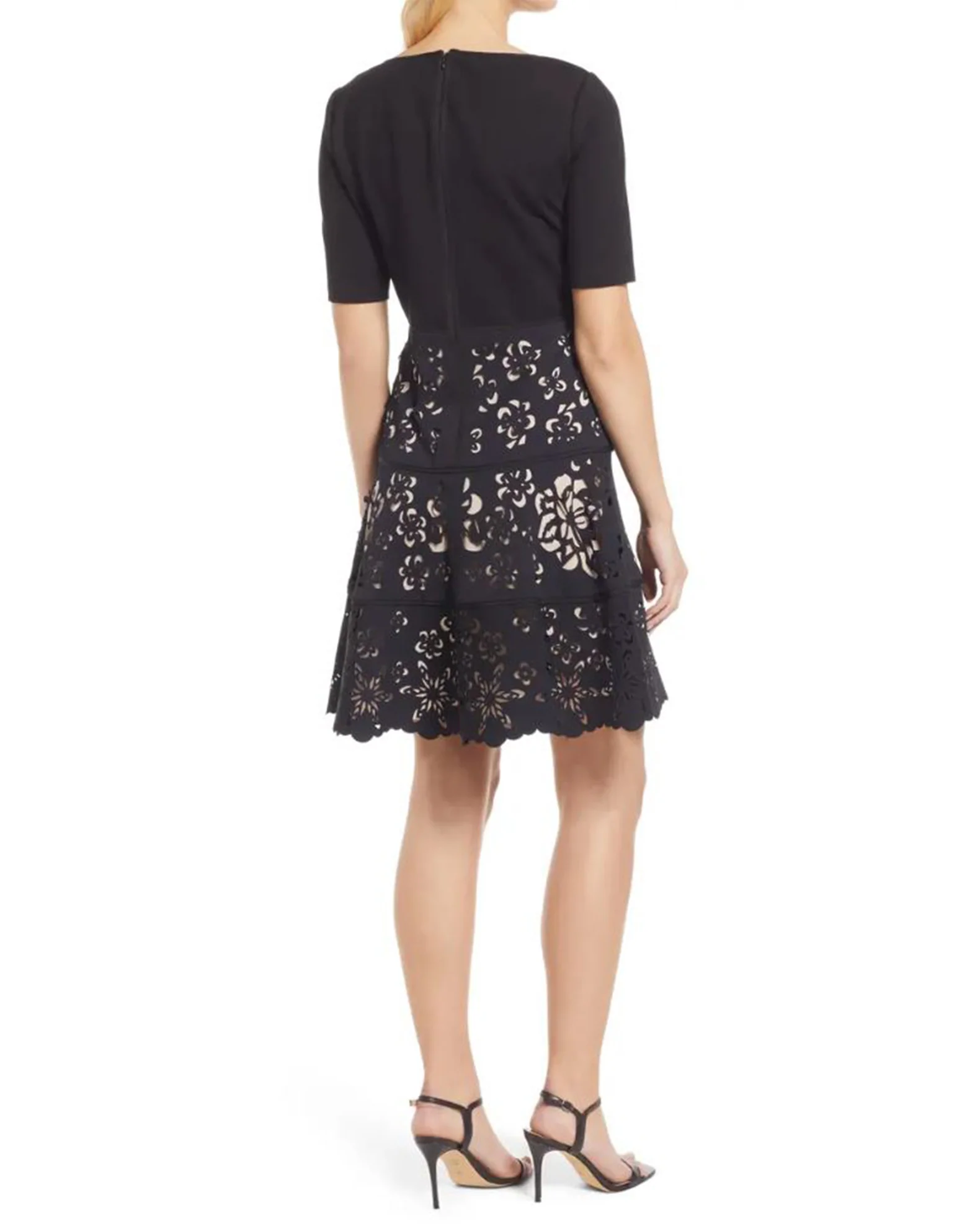FOCUS by Shani — Laser Cut Ponte Knit Fit & Flare Dress in Beige - Image 2