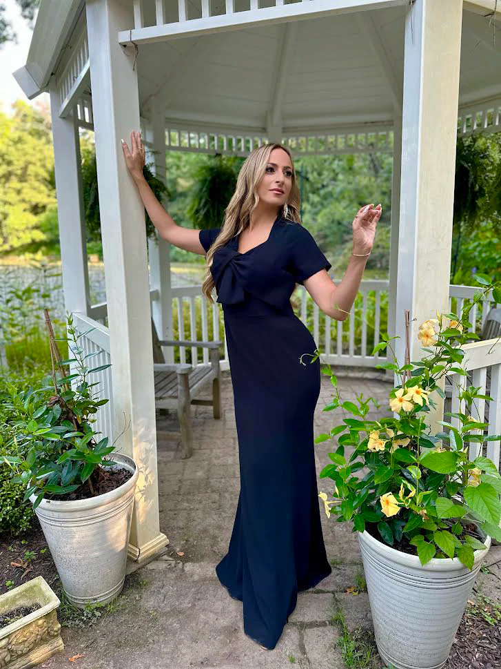 Bow Detail Crepe Gown in Navy - Image 4