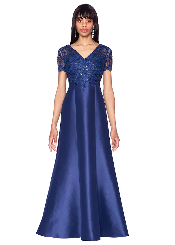 V-Neck Embroidered Mikado Gown with Pockets