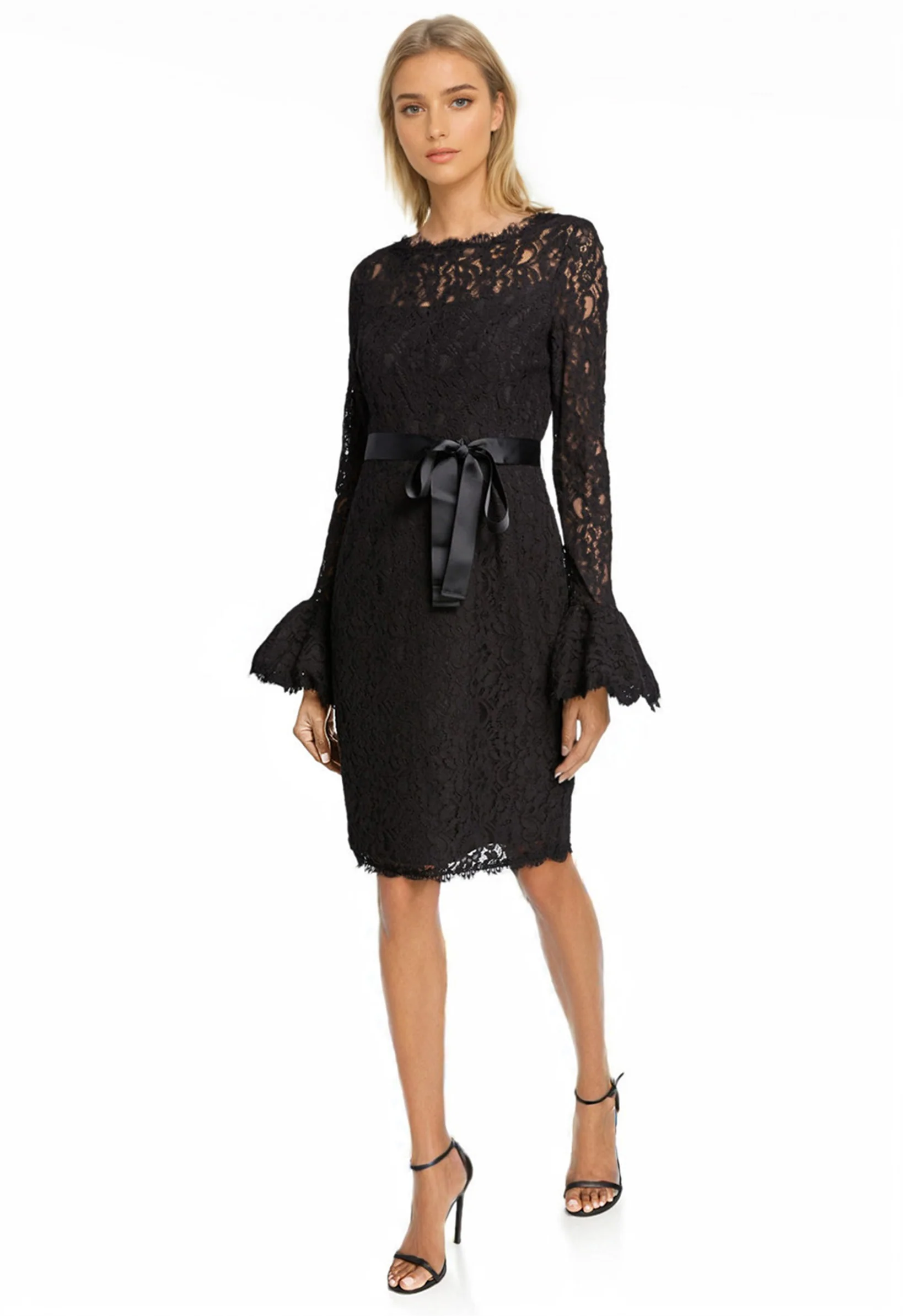 Ruffle-Sleeve Lace Dress in Black