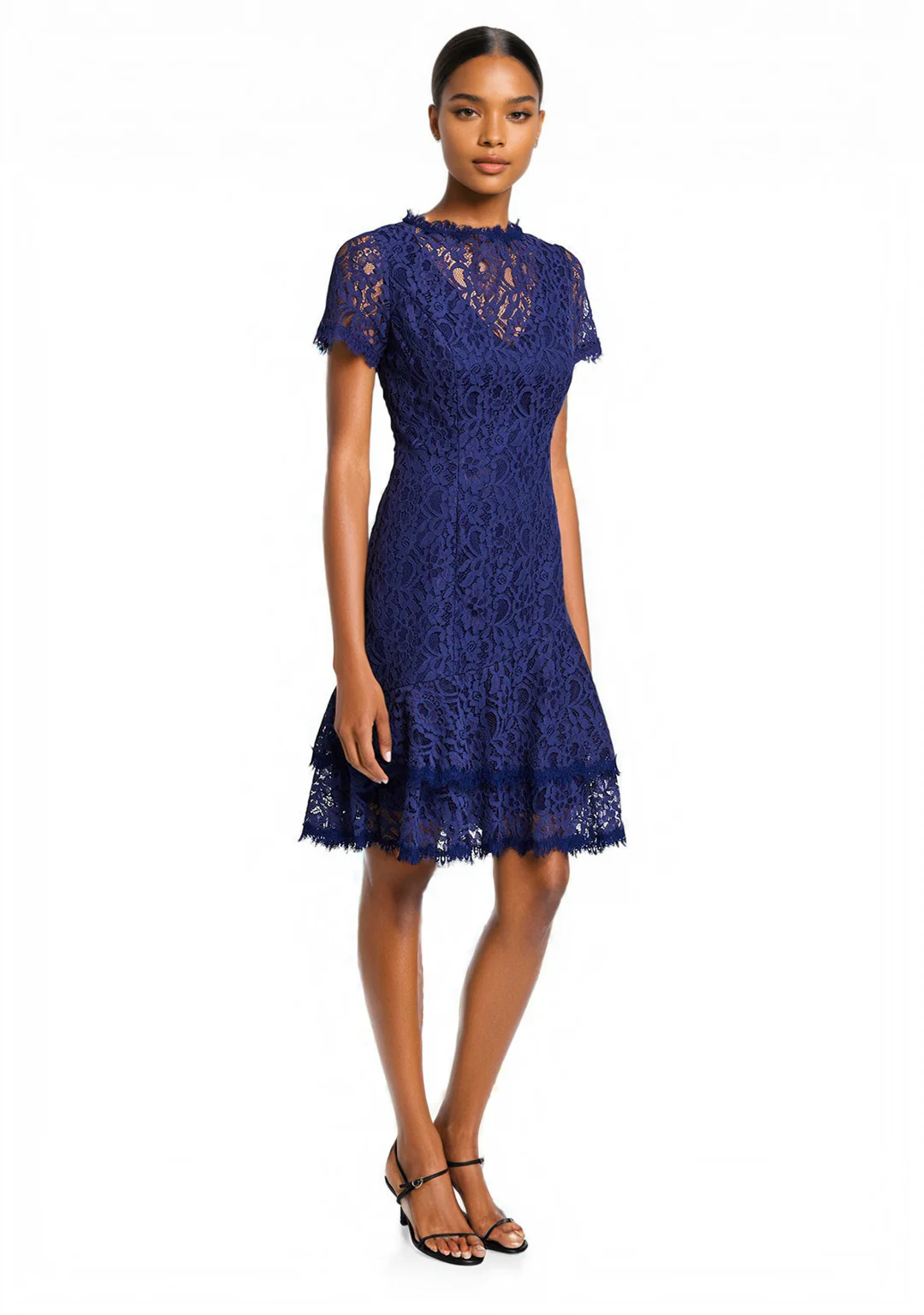 Short-Sleeve Double Ruffle Lace Dress in Navy