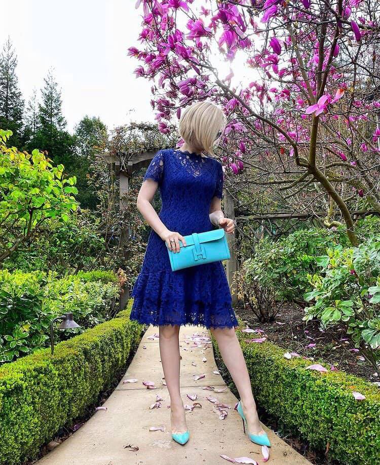 Short-Sleeve Double Ruffle Lace Dress in Navy - Image 3