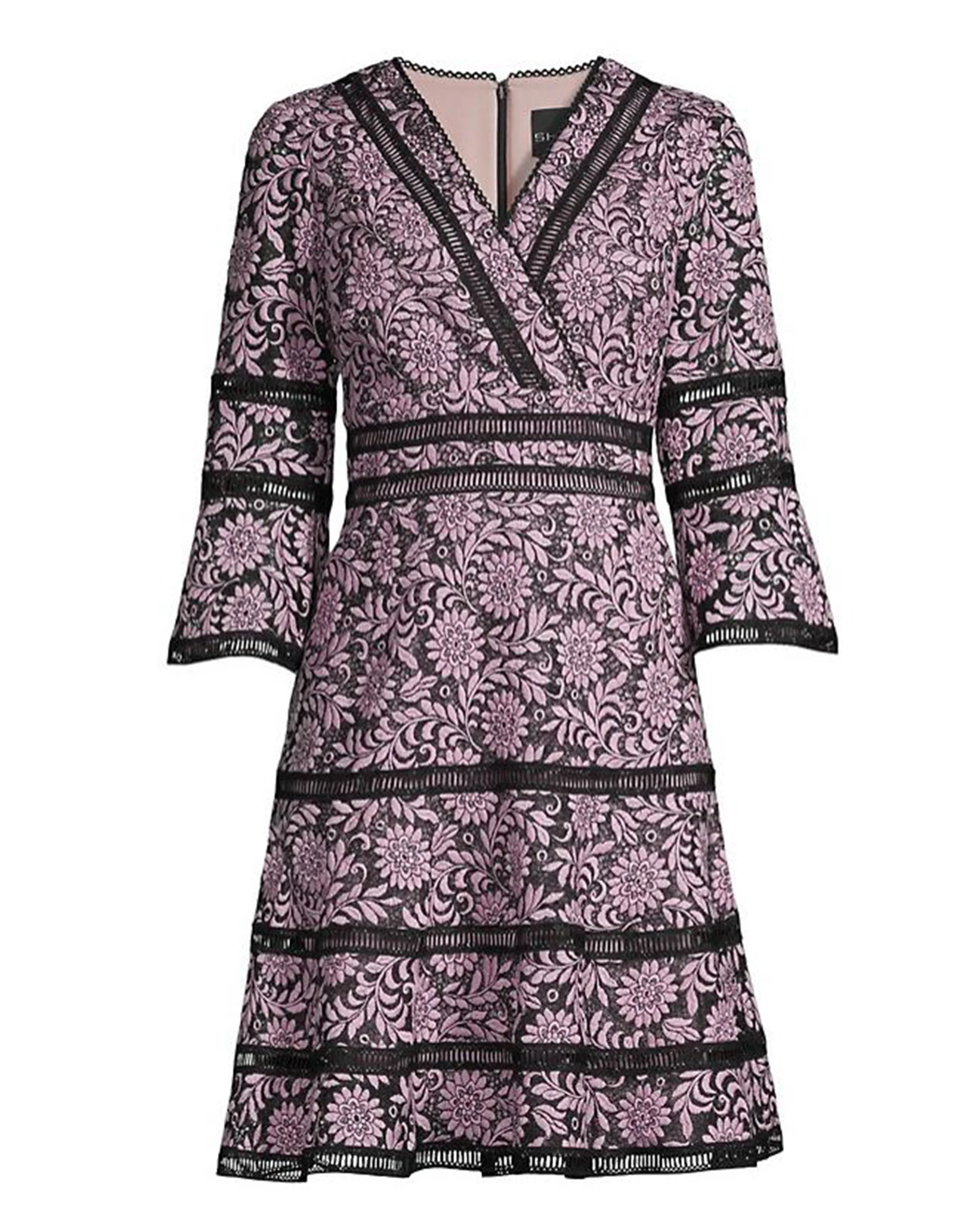 Bell-Sleeve Surplice Lace Dress in Dusty Pink - Image 3