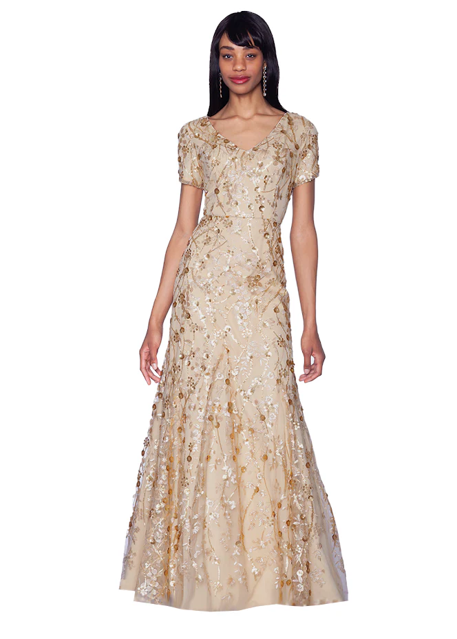 V-Neck Gold Fit and Flare Embroidered Gown