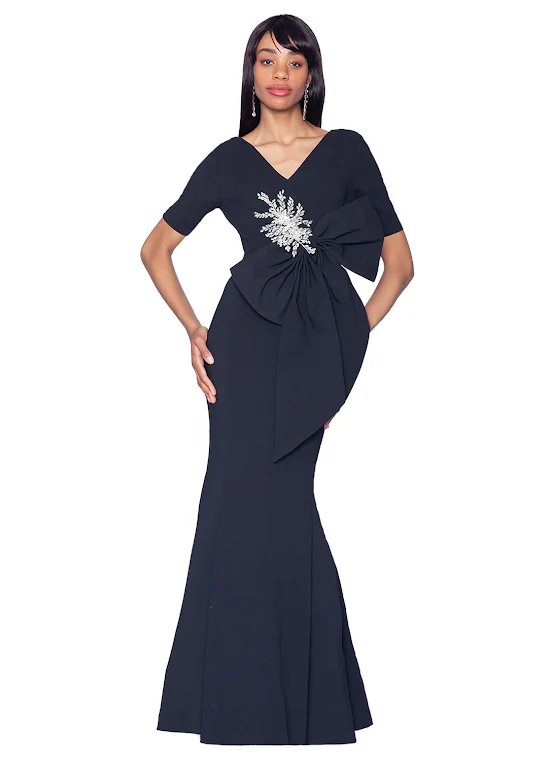 V-Neck Gown with Dramatic Bow and Crystal Detail