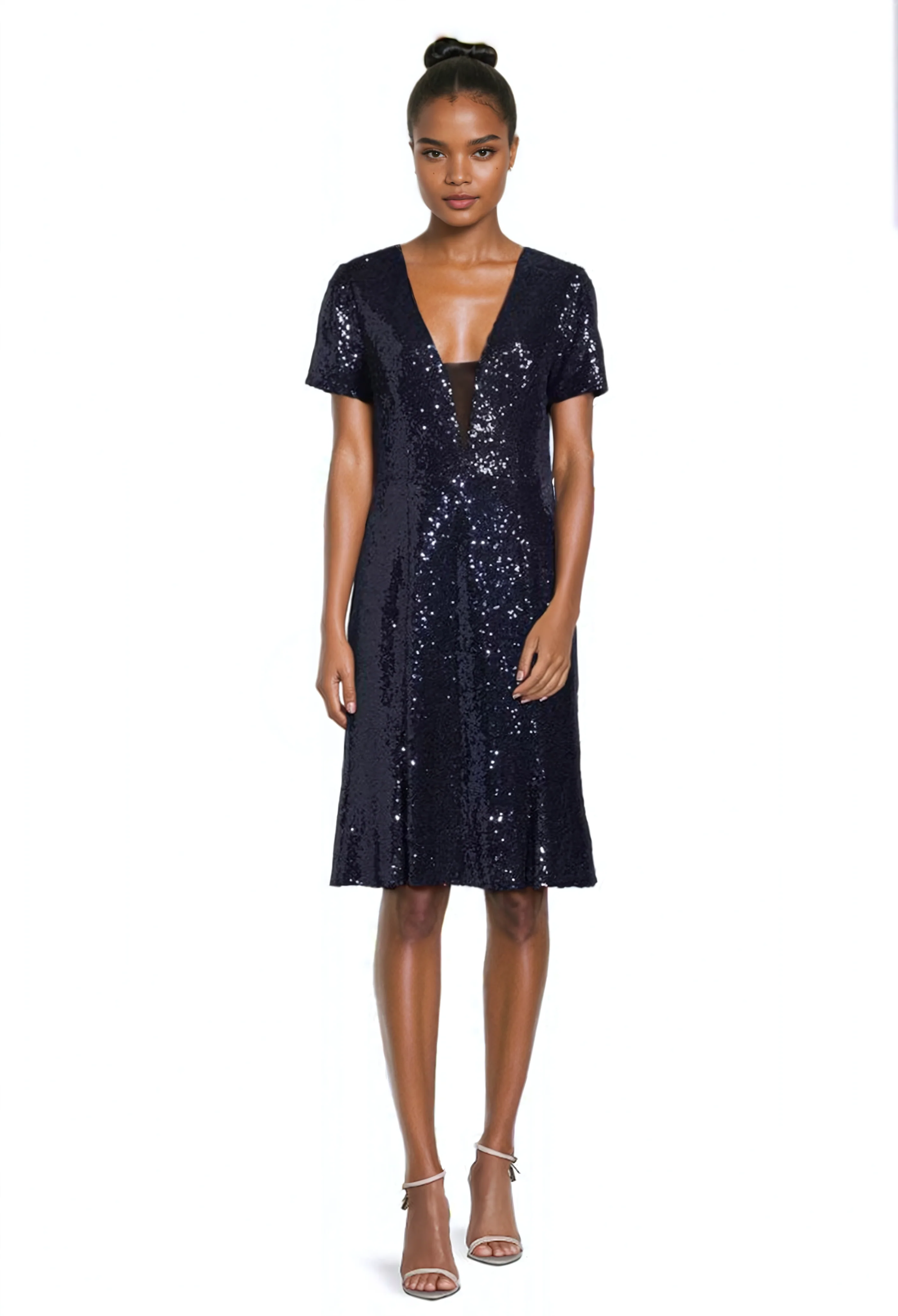 V-Neck Sequin Fit and Flare Dress in Navy