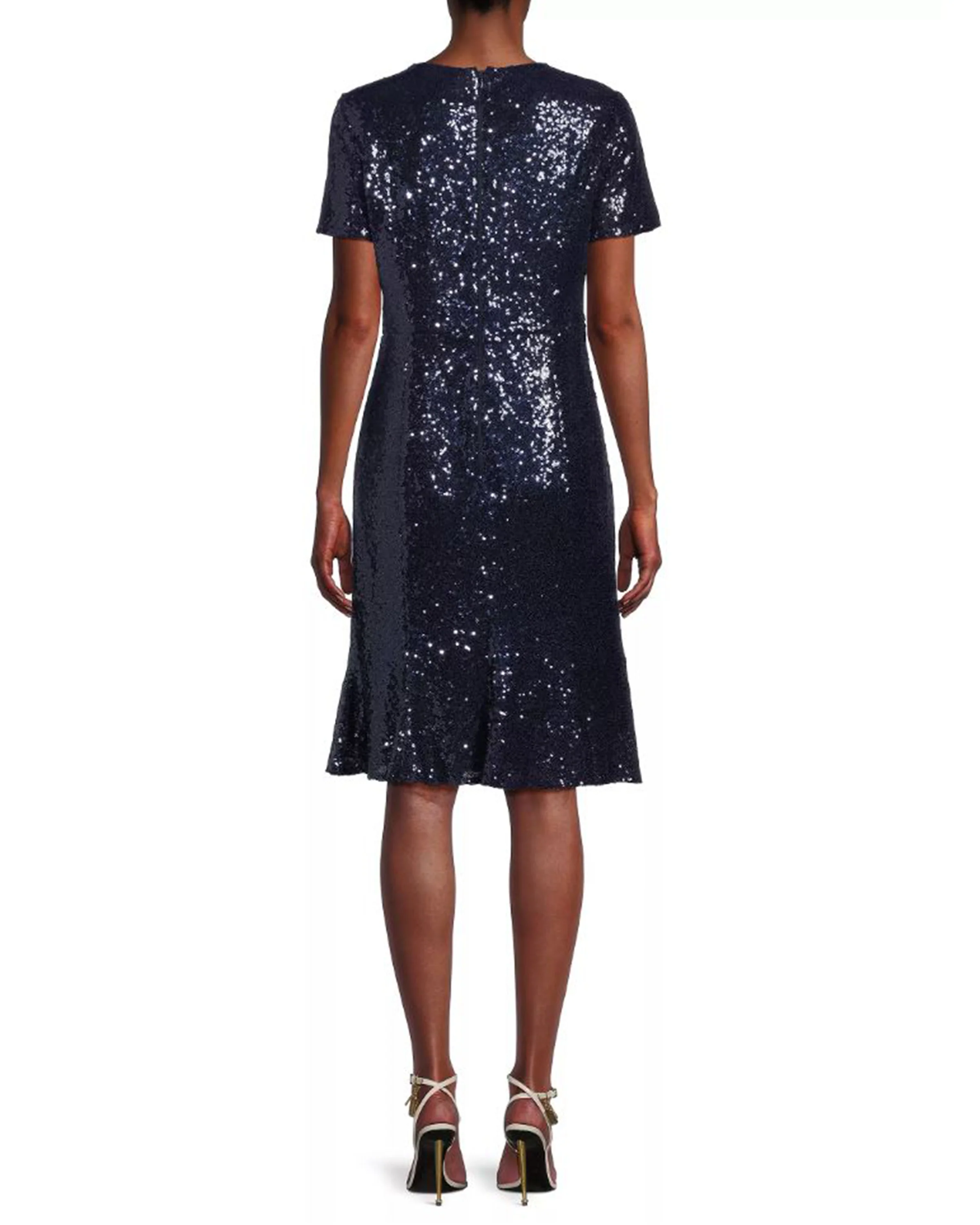 V-Neck Sequin Fit and Flare Dress in Navy - Image 2