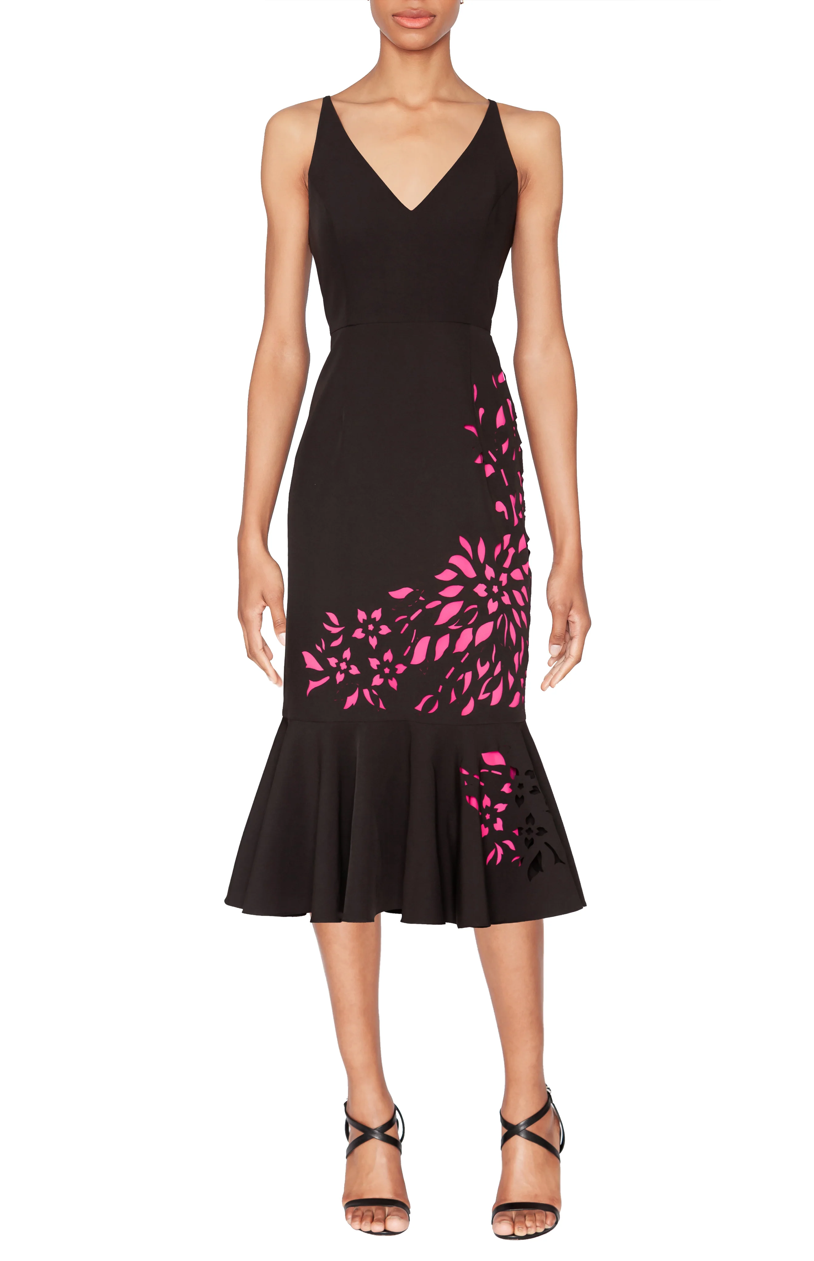 WHITE TIE by Shani - Sleeveless Laser Cutting Dress with Flounce - Black/Pink
